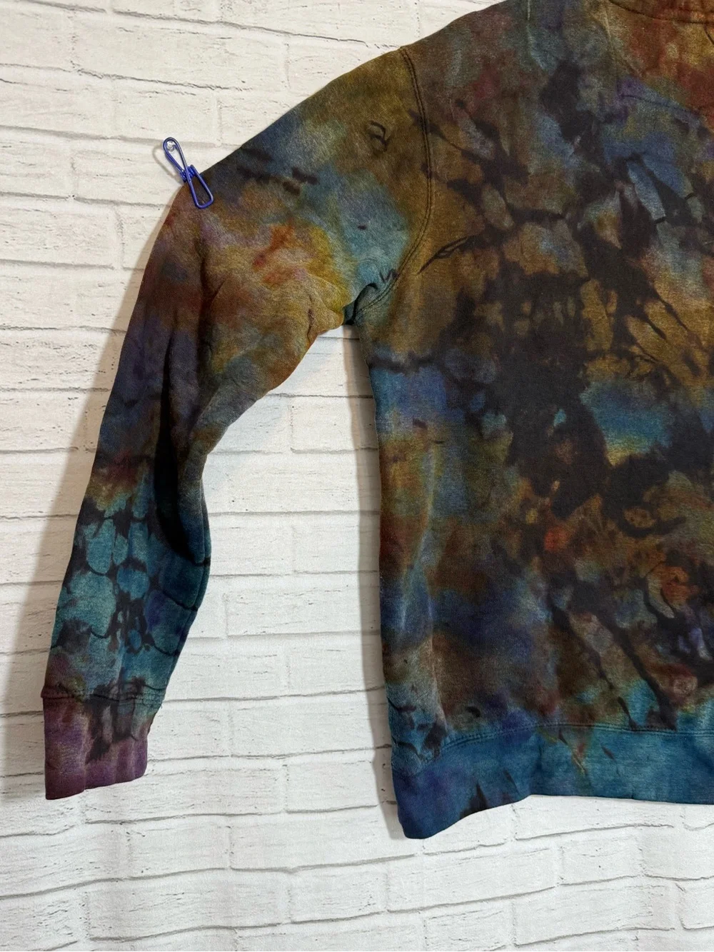 Upcycled Ice Dye Men’s Fleece Pullover, Chaps Brand, Reverse Tie Dye, Large Blue